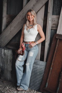 Risen High Rise Wide Distressed Jeans - Cowhide and Conchos