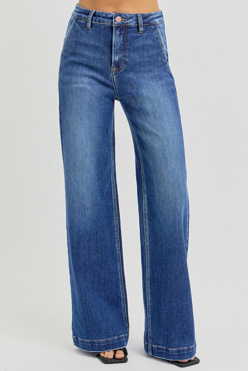 Risen High Rise Wide Leg Slanted Pocket Jeans - Cowhide and Conchos