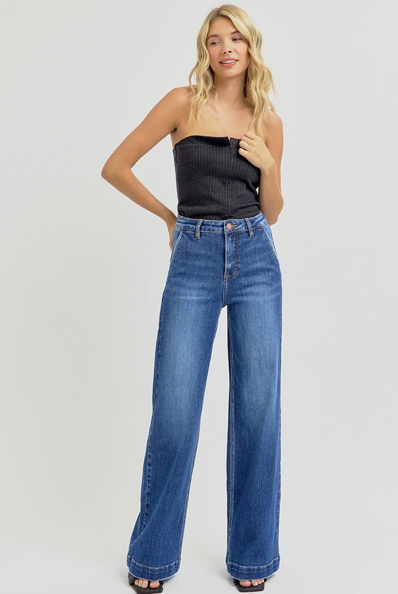 Risen High Rise Wide Leg Slanted Pocket Jeans - Cowhide and Conchos