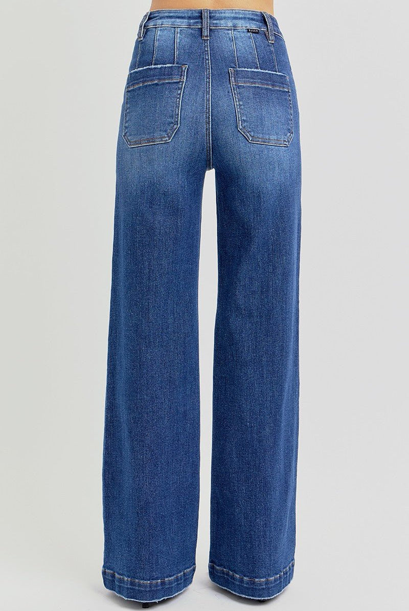 Risen High Rise Wide Leg Slanted Pocket Jeans - Cowhide and Conchos