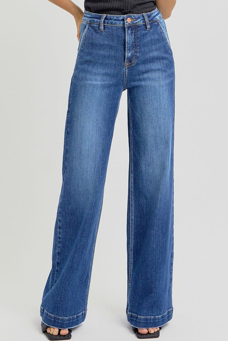 Risen High Rise Wide Leg Slanted Pocket Jeans - Cowhide and Conchos