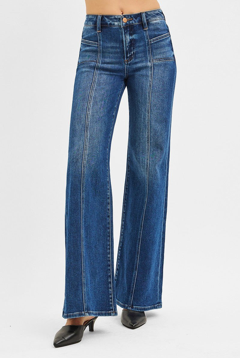Risen Mid Rise Front Seam Wide Leg Jeans - Cowhide and Conchos