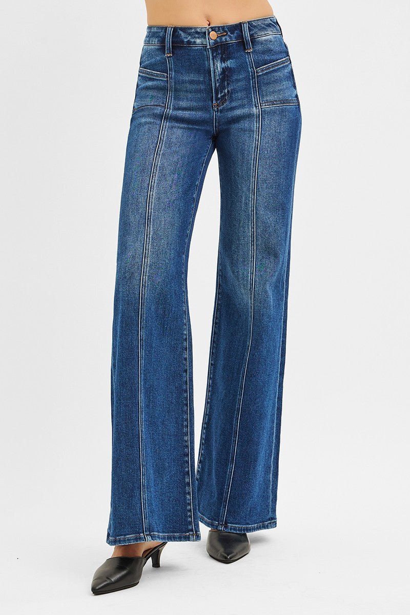 Risen Mid Rise Front Seam Wide Leg Jeans - Cowhide and Conchos