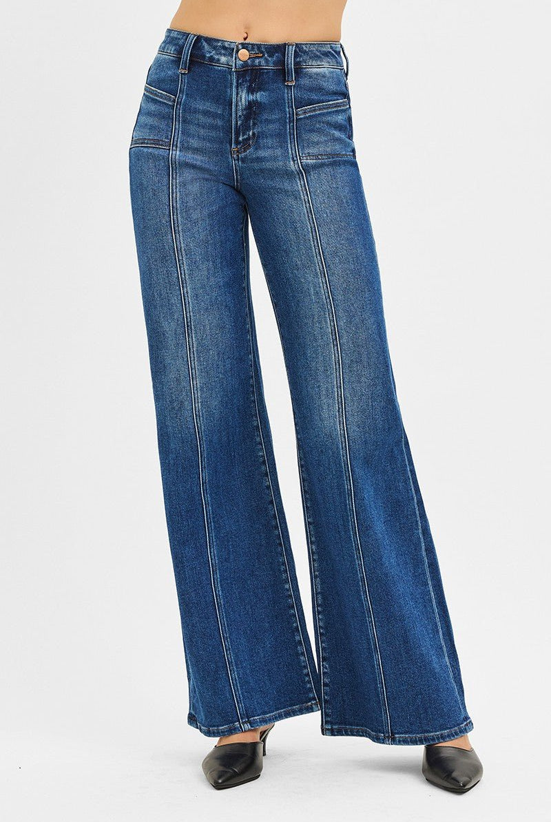 Risen Mid Rise Front Seam Wide Leg Jeans - Cowhide and Conchos