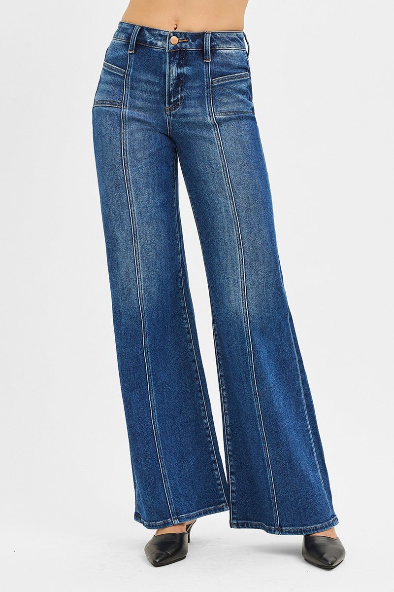 Risen Mid Rise Front Seam Wide Leg Jeans - Cowhide and Conchos
