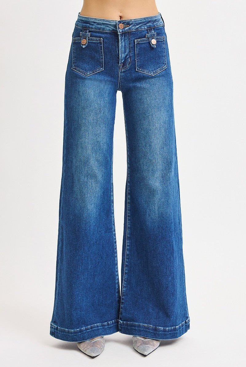 Risen Mid Rise Wide Front Patch Pocket Jeans - Cowhide and Conchos