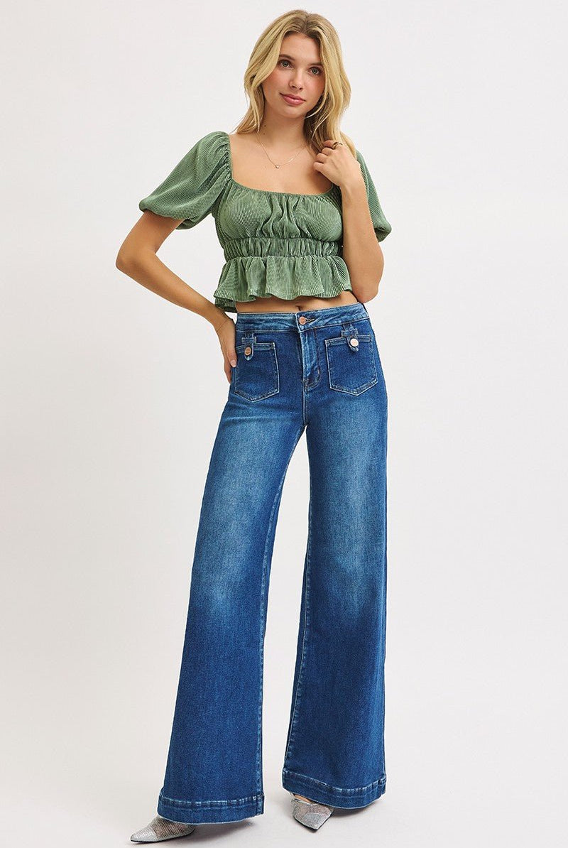 Risen Mid Rise Wide Front Patch Pocket Jeans - Cowhide and Conchos