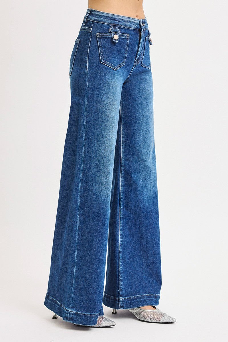 Risen Mid Rise Wide Front Patch Pocket Jeans - Cowhide and Conchos