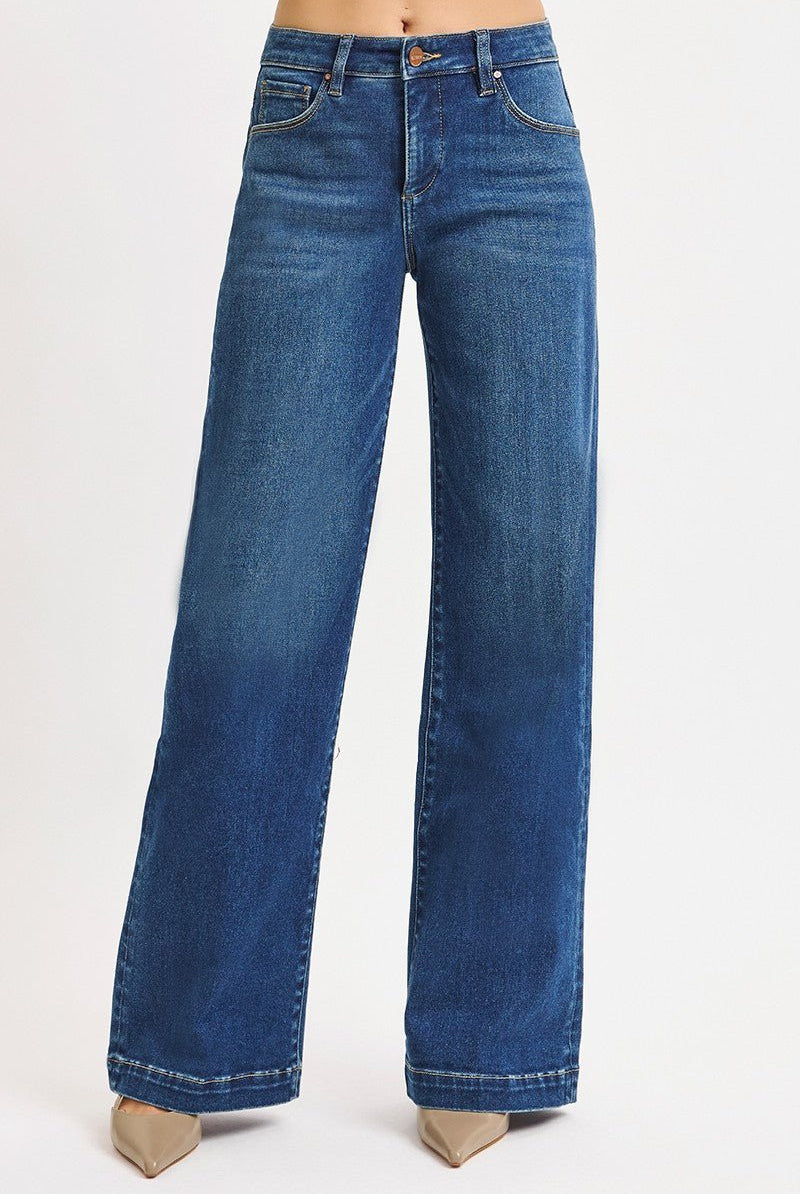 Risen Mid Rise Wide Iron Press Line Detail Jeans - Cowhide and Conchos