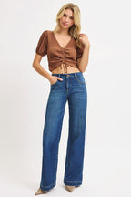 Risen Mid Rise Wide Iron Press Line Detail Jeans - Cowhide and Conchos