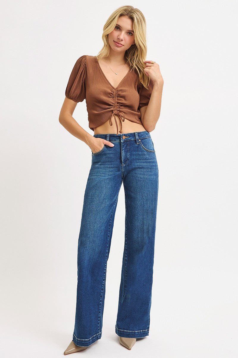 Risen Mid Rise Wide Iron Press Line Detail Jeans - Cowhide and Conchos