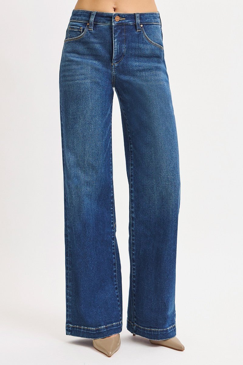 Risen Mid Rise Wide Iron Press Line Detail Jeans - Cowhide and Conchos