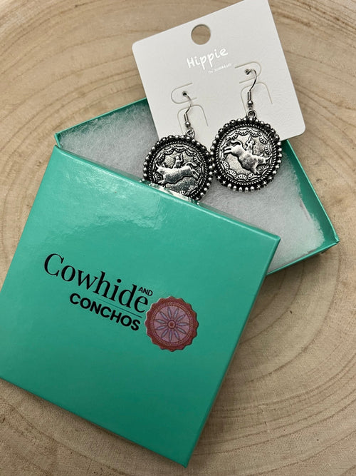 Rodeo Cowboy Pendant Earrings - Cowhide and Conchos