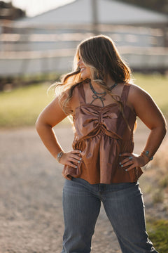 Rodeo Ribbon Saddle Top - Cowhide and Conchos