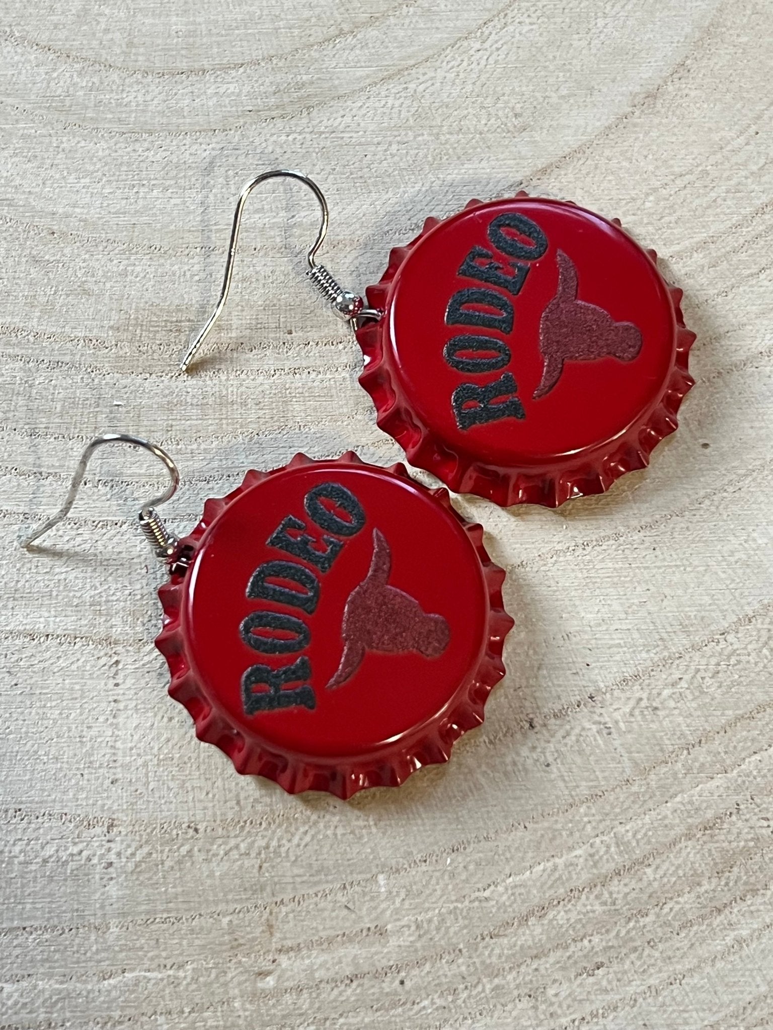 Rodeo Steer Head Beer Cap Fashion Earrings - Cowhide and Conchos