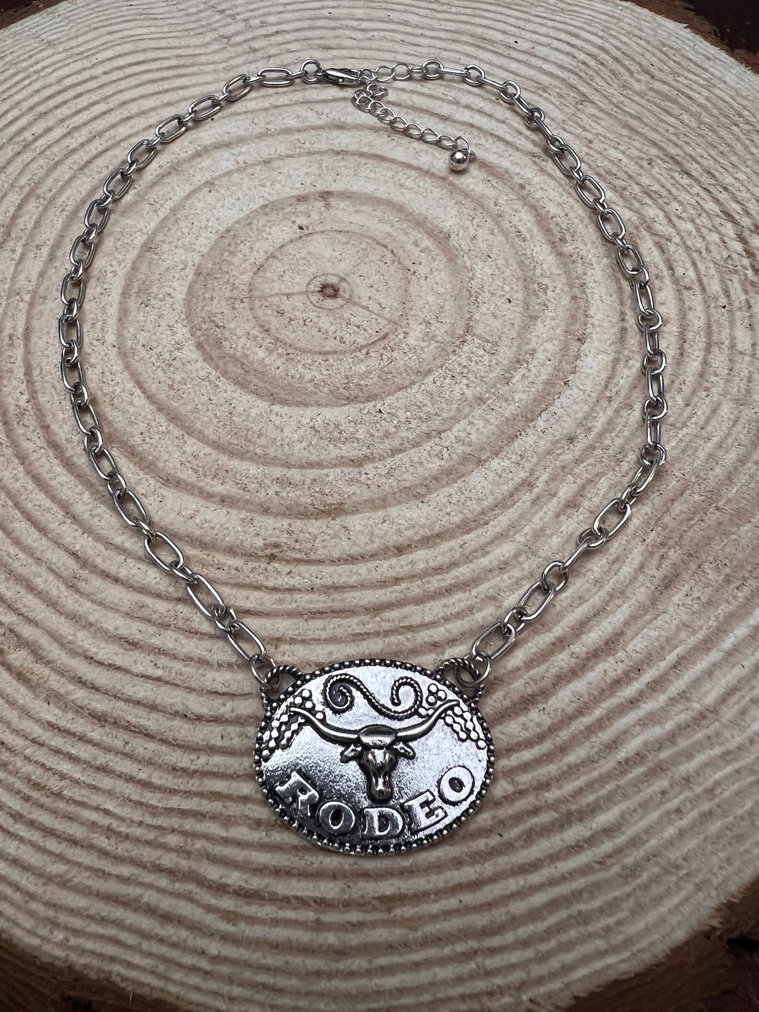 Rodeo Steer head Necklace - 18 inch + 3 - Cowhide and Conchos