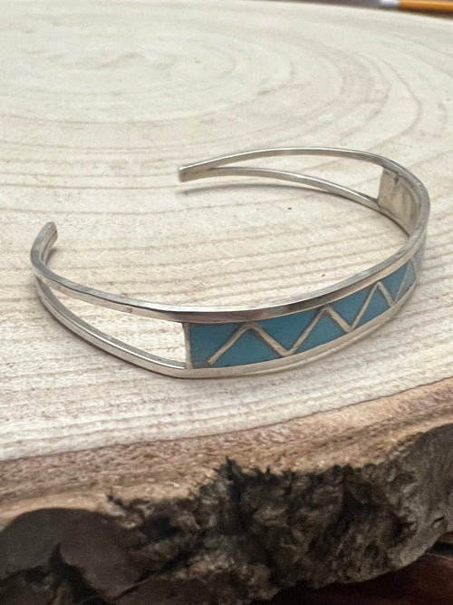 Roger Morgan Inlay Turquoise & Sterling Silver Bracelet - Cowhide and Conchos