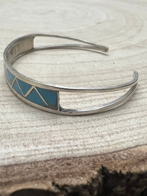 Roger Morgan Inlay Turquoise & Sterling Silver Bracelet - Cowhide and Conchos