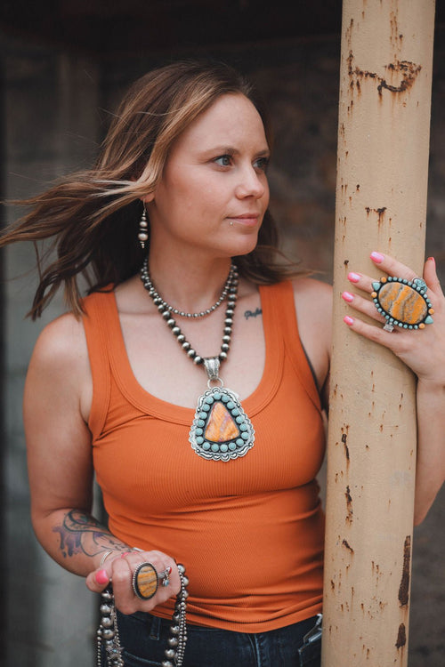 Roland Dixson Spiny Oyster, Turquoise & Sterling Silver Statement Pendant - Cowhide and Conchos