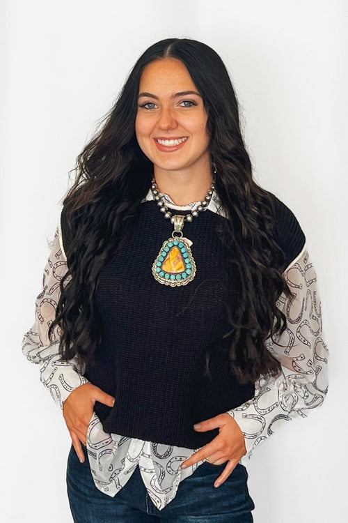 Roland Dixson Spiny Oyster, Turquoise & Sterling Silver Statement Pendant - Cowhide and Conchos