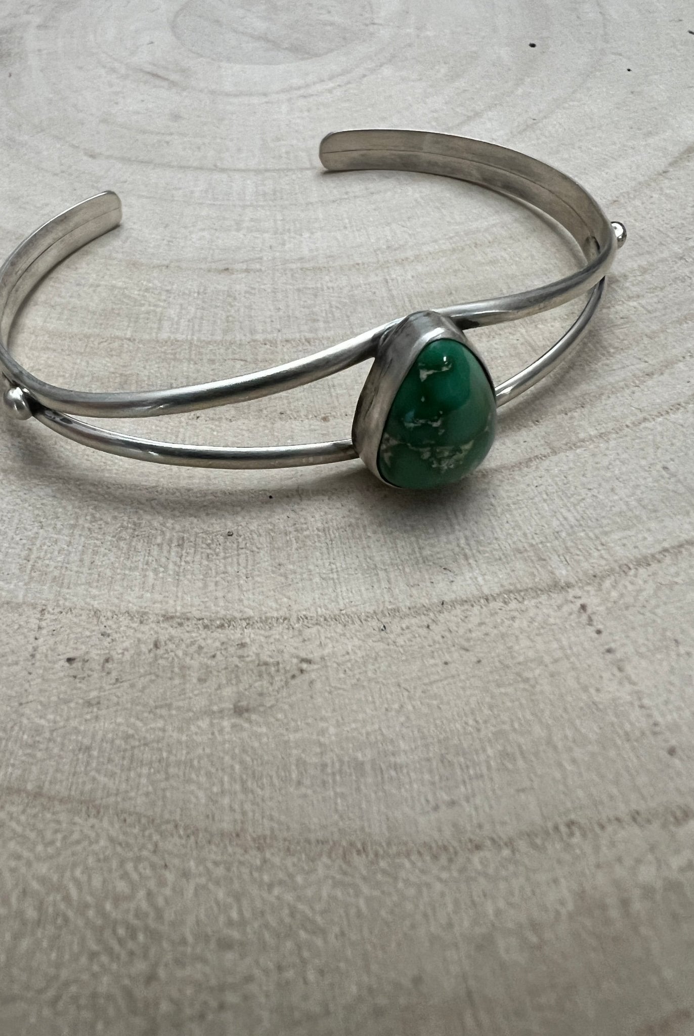 Rosemary Saunders Navajo Sterling Silver Bracelet with Sonoran Mountain Turquoise — Tapered 1/2" (Fits 6" Wrist, Heirloom) - Cowhide and Conchos