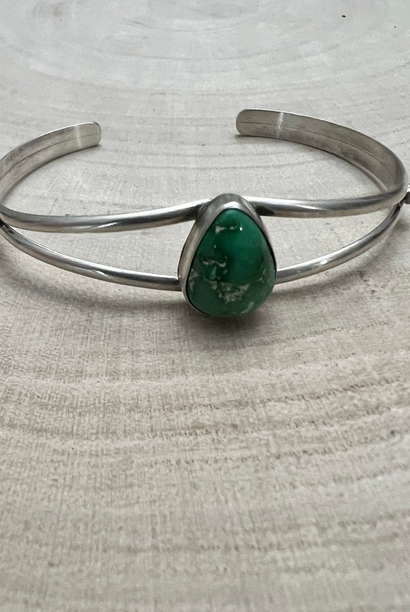 Rosemary Saunders Navajo Sterling Silver Bracelet with Sonoran Mountain Turquoise — Tapered 1/2" (Fits 6" Wrist, Heirloom) - Cowhide and Conchos