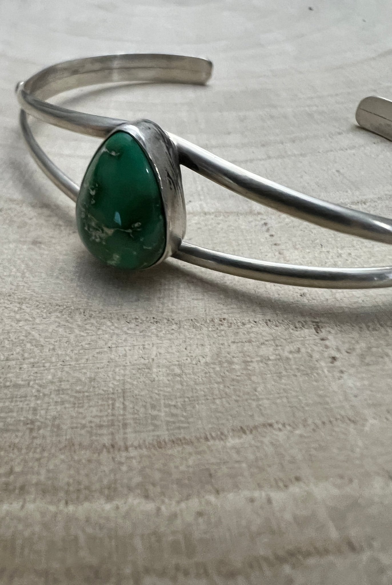 Rosemary Saunders Navajo Sterling Silver Bracelet with Sonoran Mountain Turquoise — Tapered 1/2" (Fits 6" Wrist, Heirloom) - Cowhide and Conchos