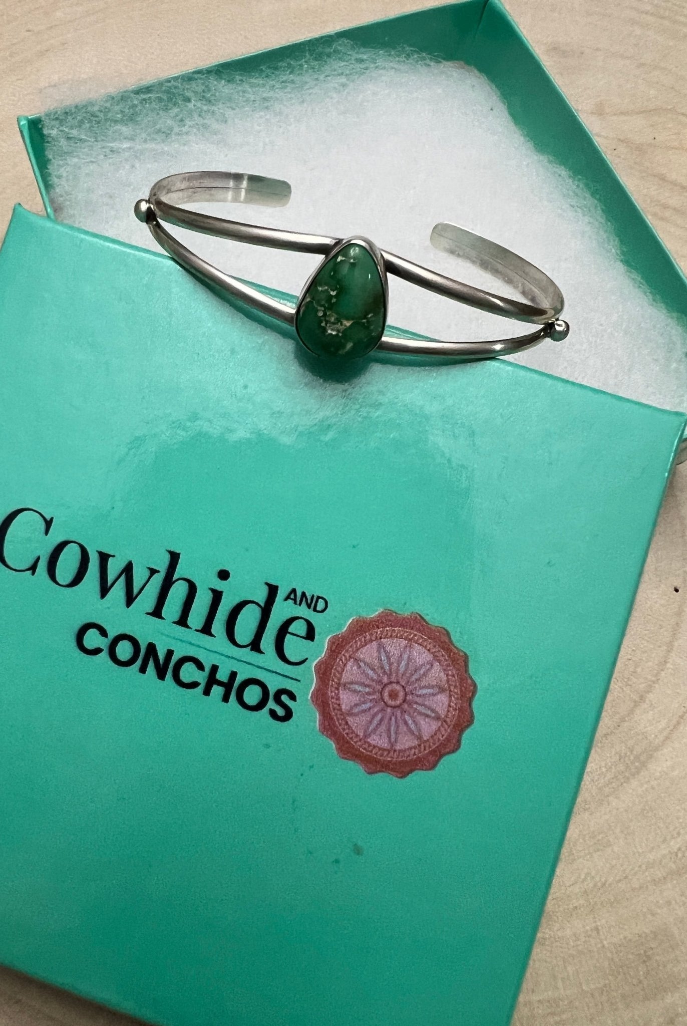 Rosemary Saunders Navajo Sterling Silver Bracelet with Sonoran Mountain Turquoise — Tapered 1/2" (Fits 6" Wrist, Heirloom) - Cowhide and Conchos