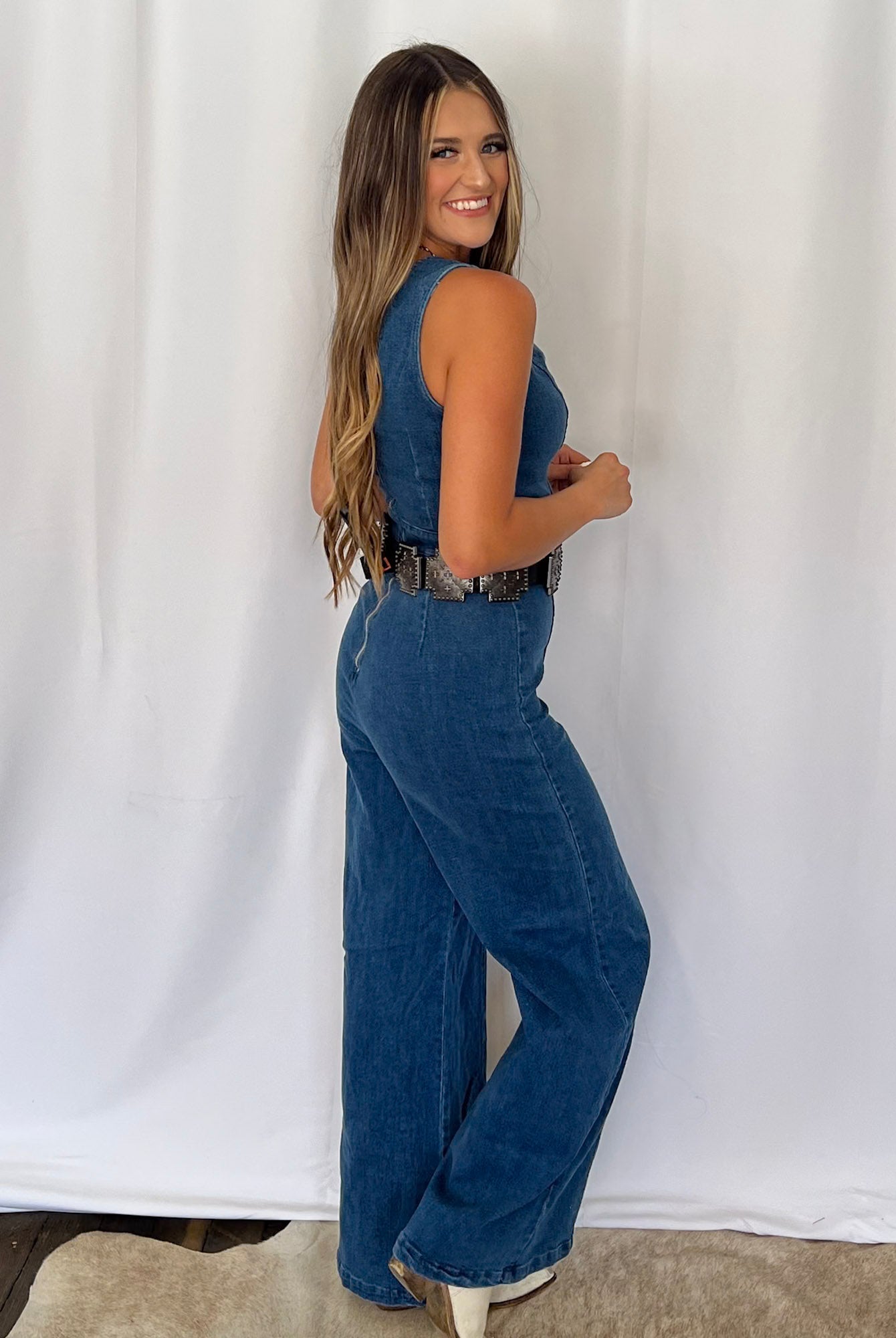 Rosie Scalloped Neckline Denim Jumpsuit - Cowhide and Conchos