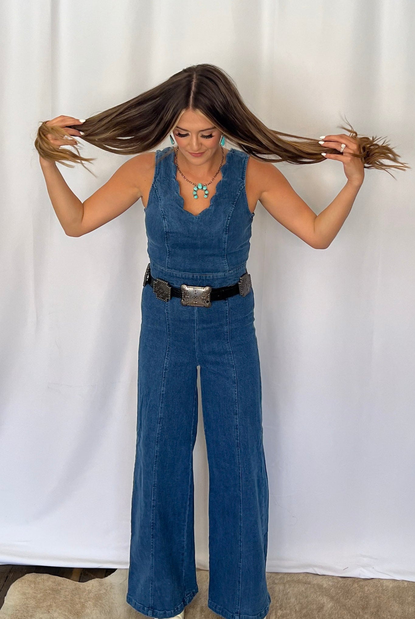 Rosie Scalloped Neckline Denim Jumpsuit - Cowhide and Conchos