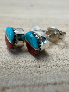 Rowena Laweka Turquoise and Coral Post Earrings - Cowhide and Conchos