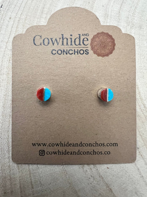 Rowena Laweka Turquoise and Coral Post Earrings - Cowhide and Conchos
