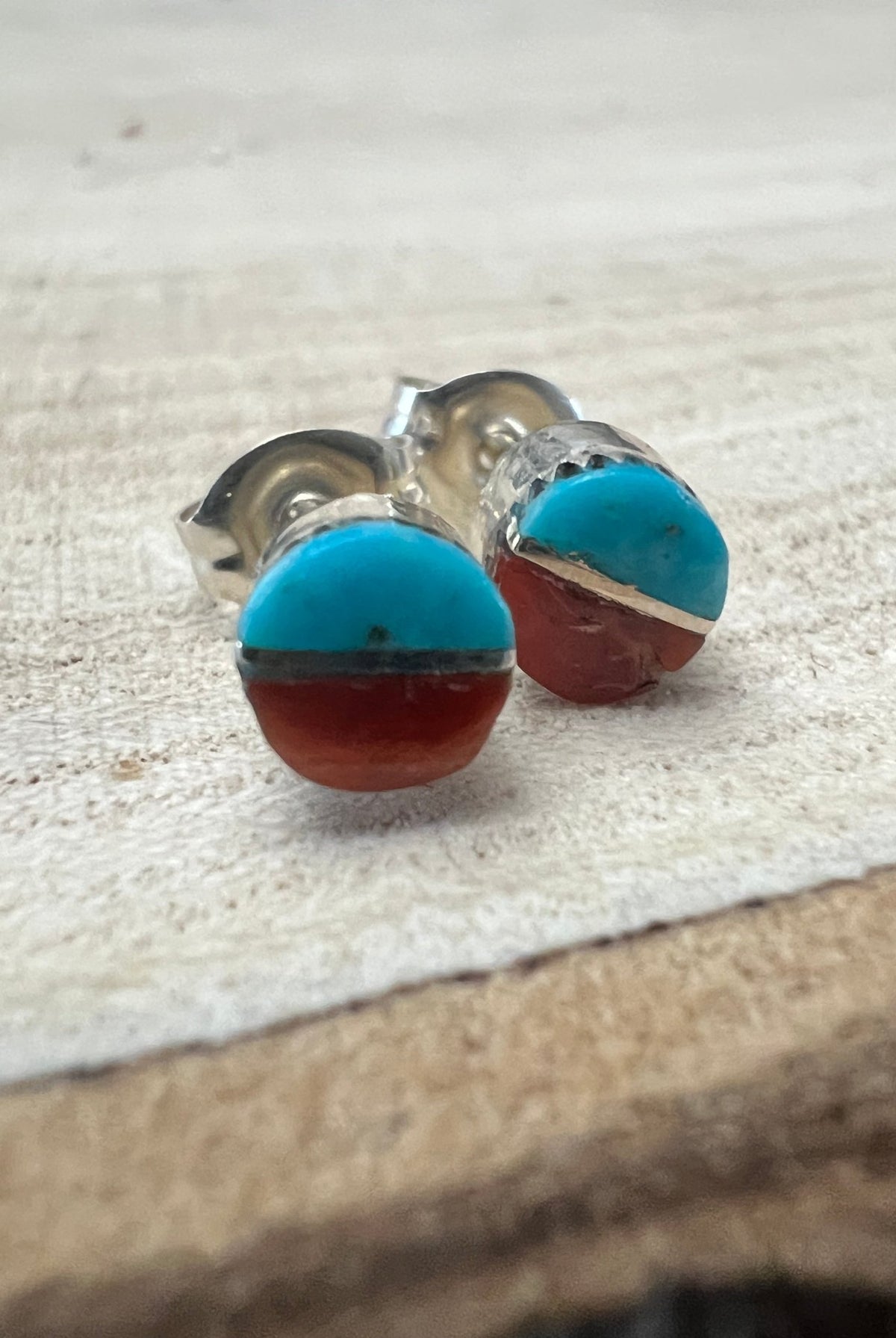 Rowena Laweka Turquoise and Coral Post Earrings - Cowhide and Conchos