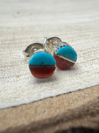 Rowena Laweka Turquoise and Coral Post Earrings - Cowhide and Conchos