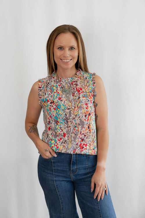 Ruffle Neck Sleeveless Top - Cowhide and Conchos
