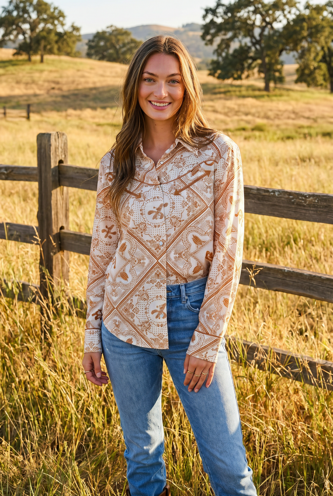 Rust Bandana Vintage Western Snap - Front Shirt - Cowhide and Conchos