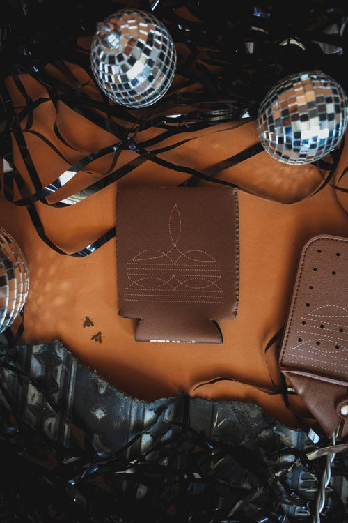 Saddle Boot Stitch Can Cooler/Koozie - Cowhide and Conchos