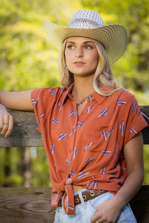 Saguaro Sunset Button Up Blouse - Cowhide and Conchos