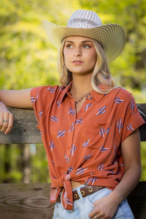 Saguaro Sunset Button Up Blouse - Cowhide and Conchos