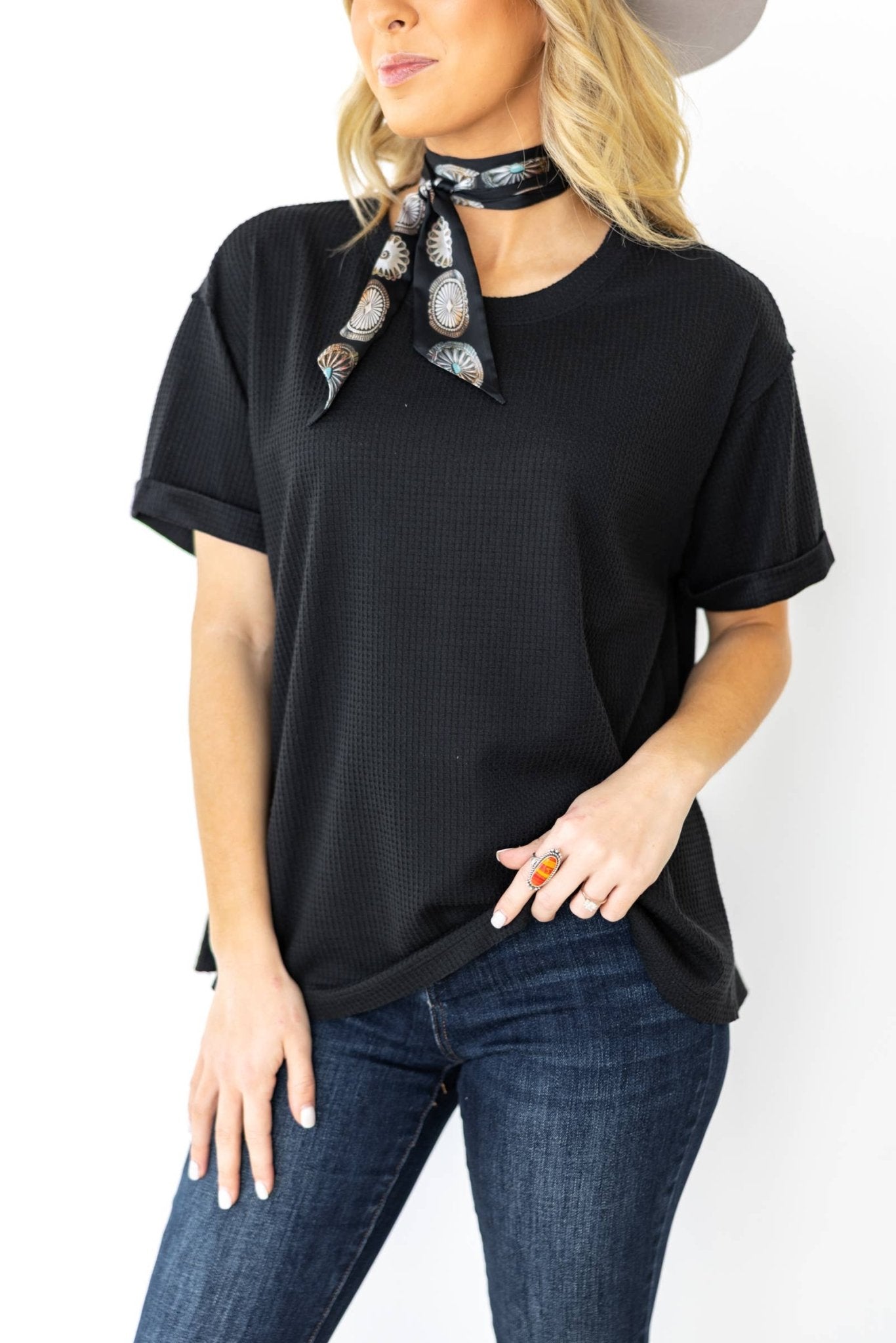 Santa Anna Short Sleeved Textured Top - Cowhide and Conchos