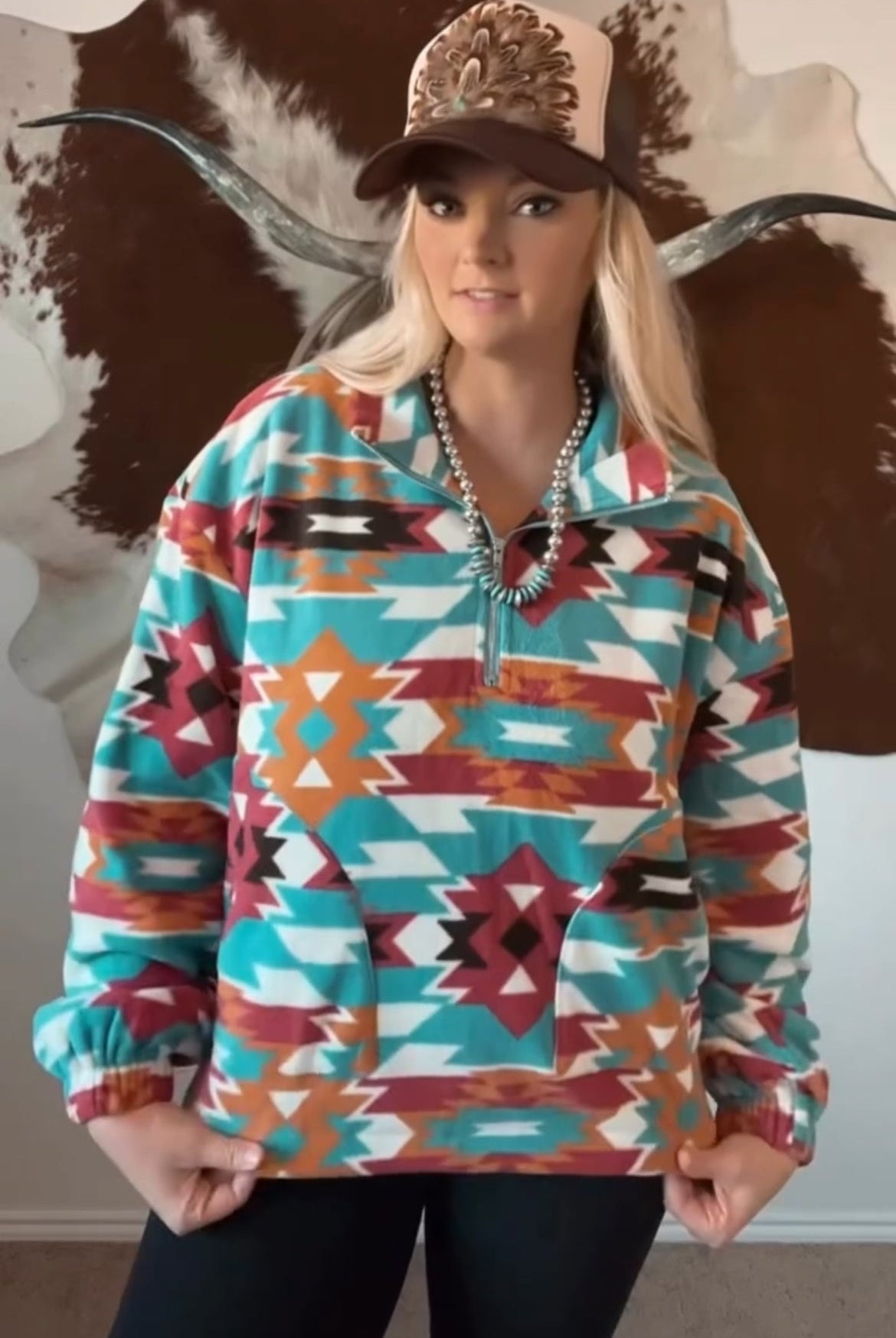 Santa Fe Fleece Zip Up Pullover - Cowhide and Conchos