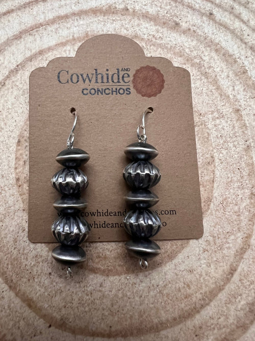 Saucer Dangle Earring by Crystal Hayley - 1 1/4 inch drop - Cowhide and Conchos