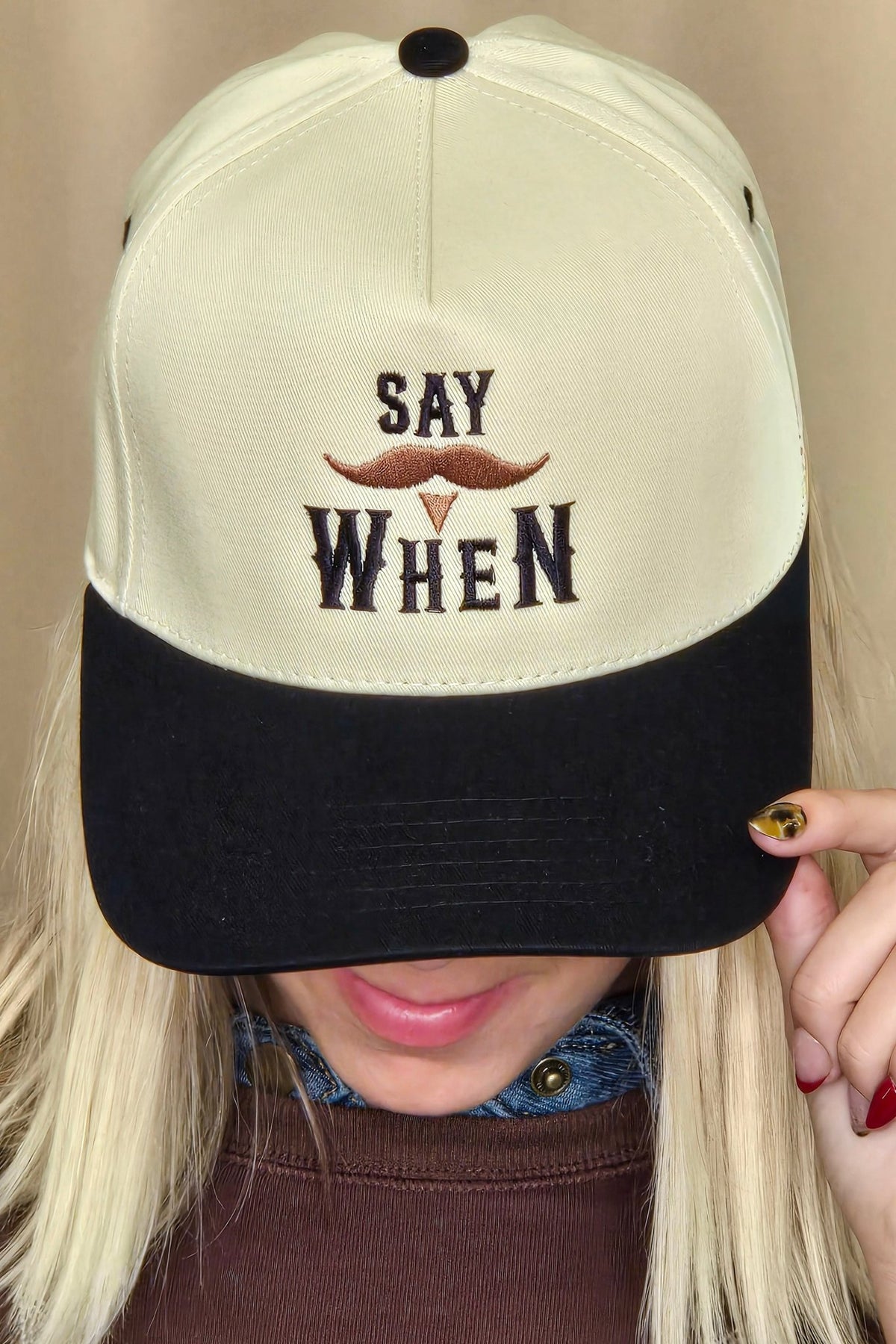 Say When Mustache Two - Tone Trucker Hat - Cowhide and Conchos