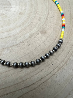 Seed Bead with Faux Navajo Pearl - 13 inch Choker - Cowhide and Conchos