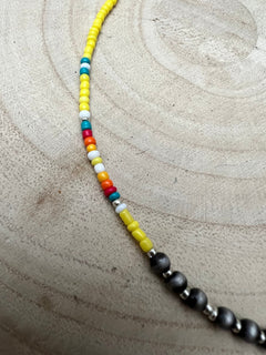 Seed Bead with Faux Navajo Pearl - 13 inch Choker - Cowhide and Conchos