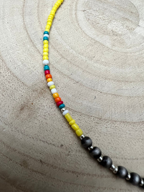 Seed Bead with Faux Navajo Pearl - 13 inch Choker - Cowhide and Conchos
