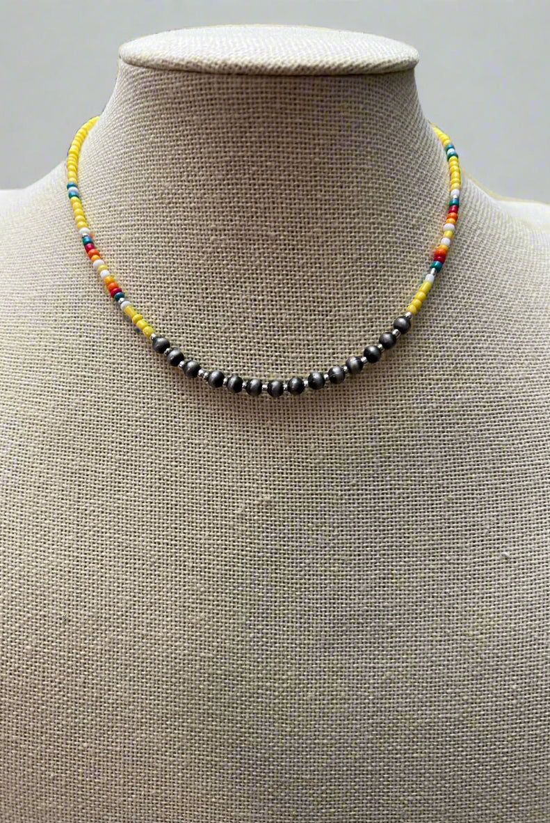 Seed Bead with Faux Navajo Pearl - 13 inch Choker - Cowhide and Conchos