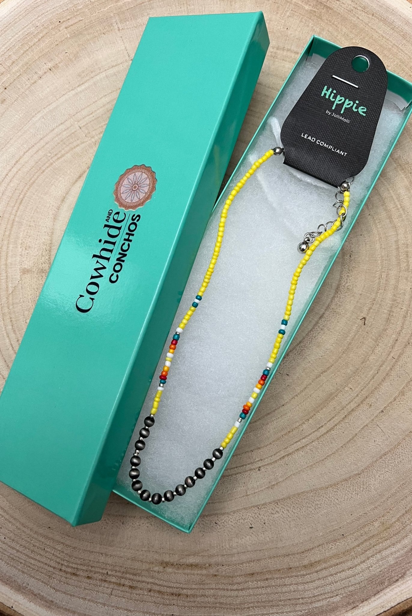 Seed Bead with Faux Navajo Pearl - 13 inch Choker - Cowhide and Conchos
