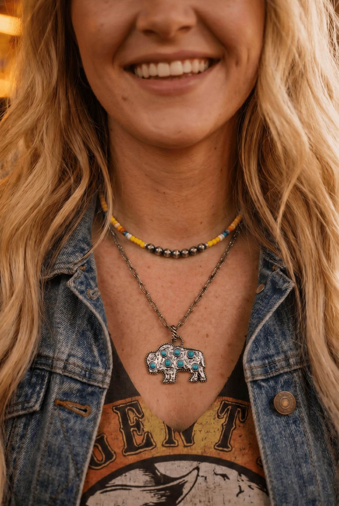 Seed Bead with Faux Navajo Pearl - 13 inch Choker - Cowhide and Conchos