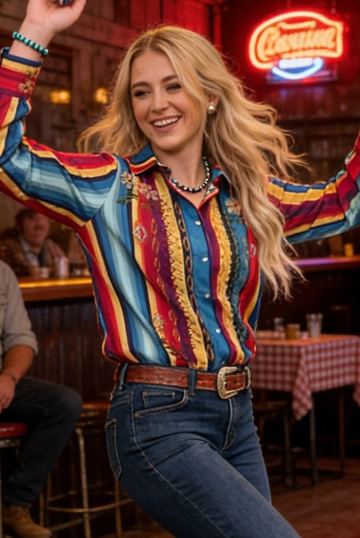Serape Pearl Snap Embroidered Western Top – Red & Turquoise - Cowhide and Conchos